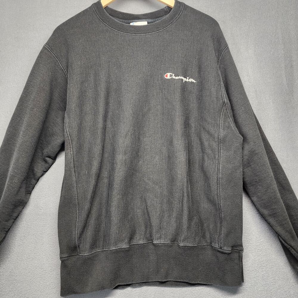 Champion Sweatshirt Mens Medium Black Reverse Weave Crewneck Embroidered Logo